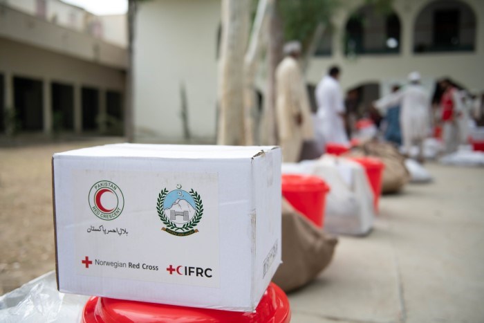 En hvit pappeske med logene til Norges Røde Kors og Pakistan Røde Halvmåne