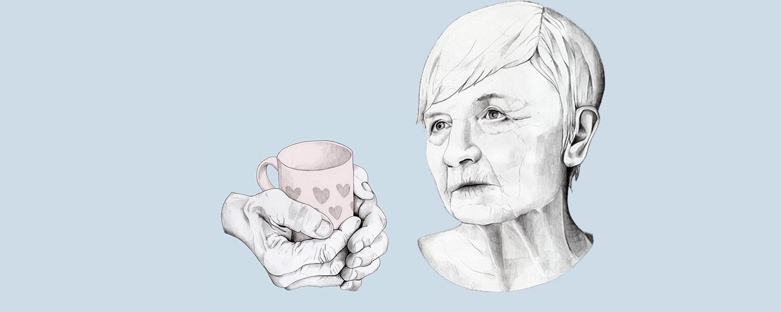 Tegning av en eldre kvinne som ser alvorlig ut og to hender som holder en kaffekopp