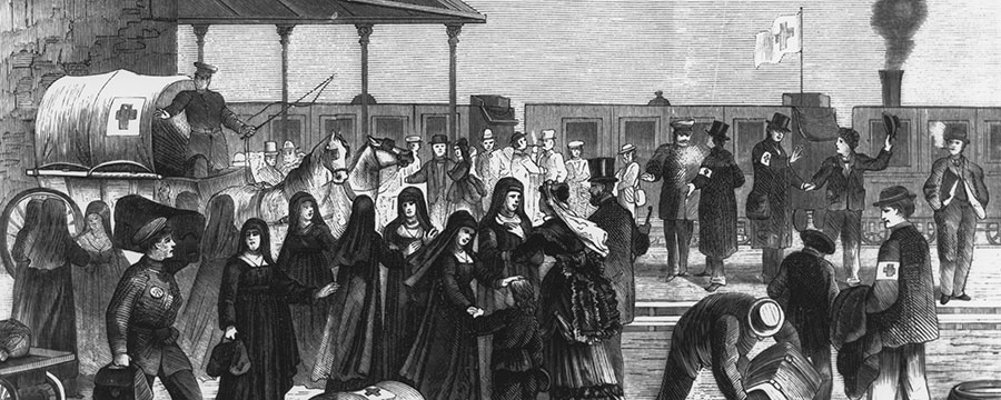 Gammel grafisk trykk tegning av røde kors hjelpepersonell på togstasjonen i berlin 1870-71