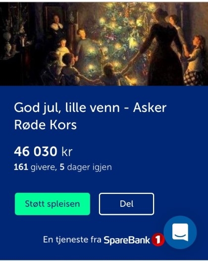 Skjermbilde av spleis på facebook over-donasjoner fra samling "God jul, lille venn - Asker"