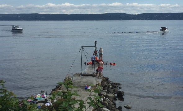 Barn og voksne som bader fra en brygge med en fjord i bakgrunnen.