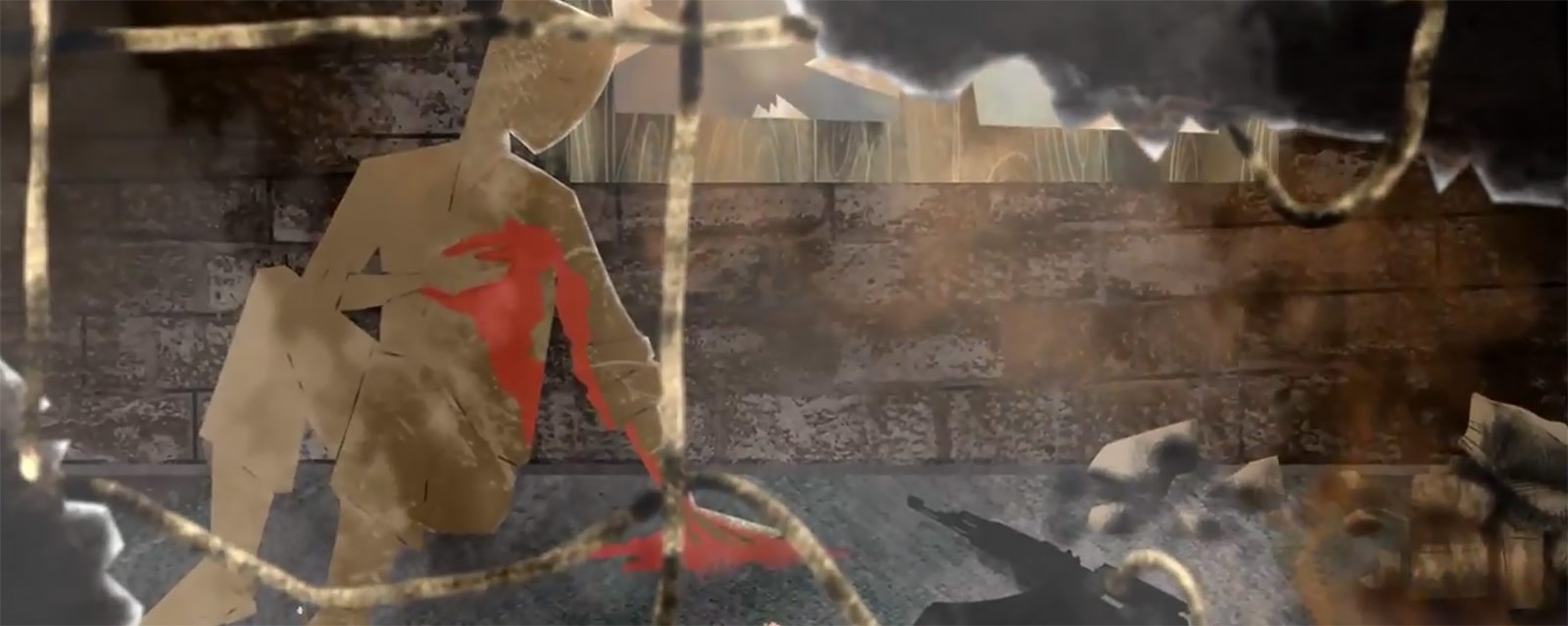 illustrasjon animert en blødende soldat holdet seg på hjertet sittende i et dystert ruinscenario med et automatgevær liggende ved siden av