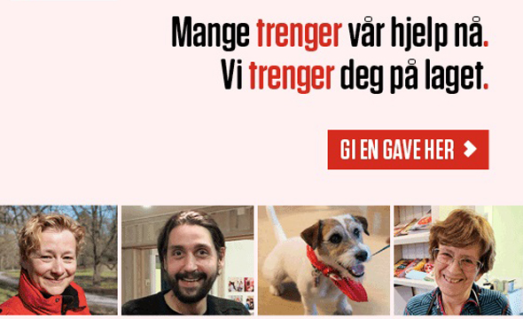 Bilde av fire ulike frivillige med teksten gi en gave til Røde Kors i Norge her 