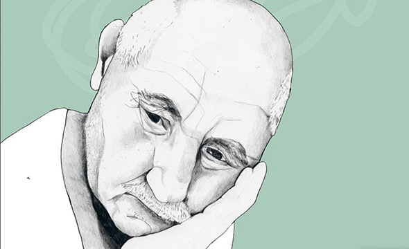 Illustrasjon tegning eldre mann med hodet vilende i hånd