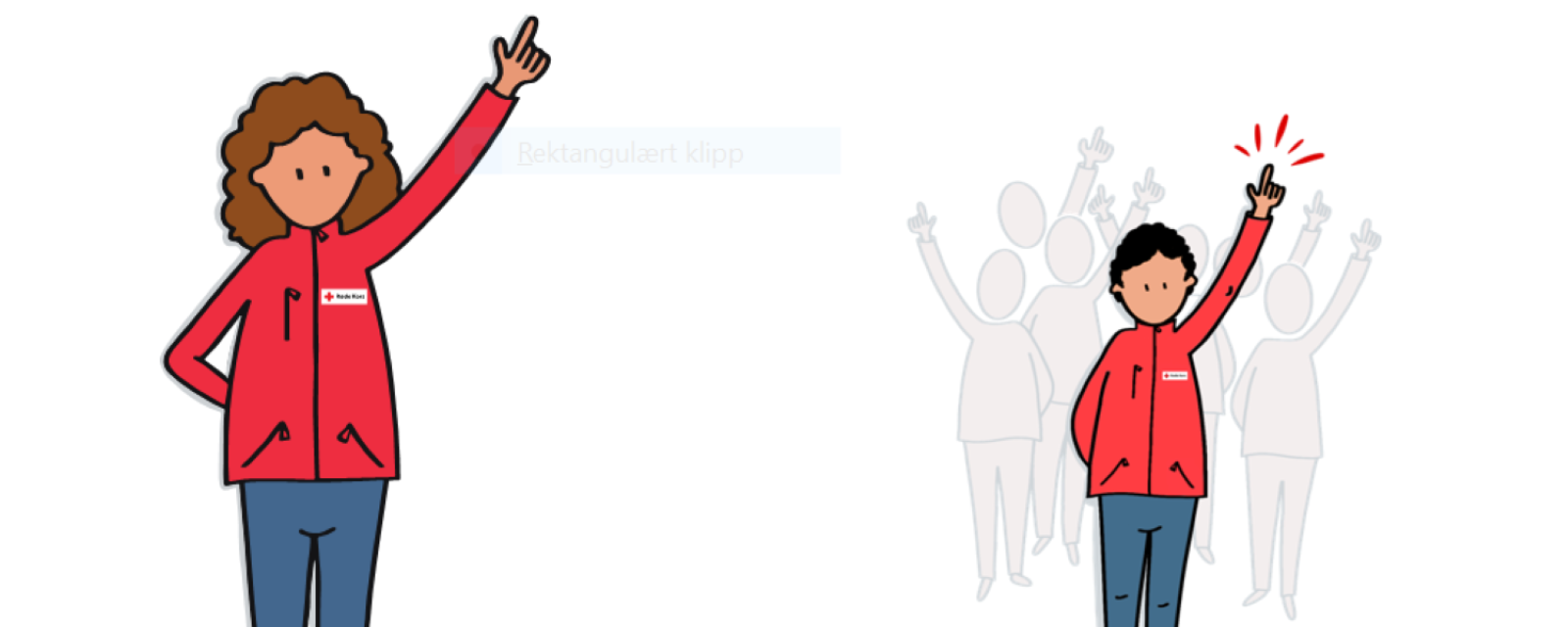 Illustrasjon av mann og dame i Røde Kors-klær som rekker opp hånden. 