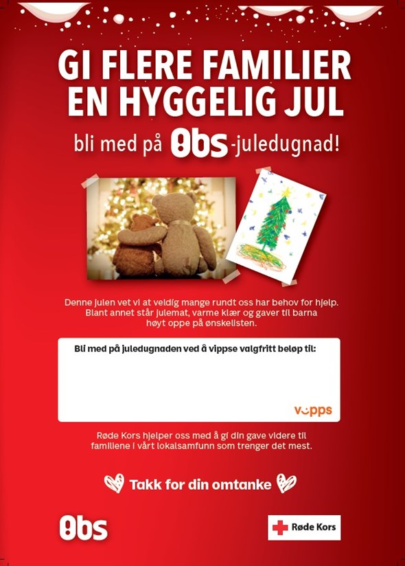 "Gi flere familier en hyggelig jul" Obs kampanjeplakat Juledugnad 2020, rød med bamse og info