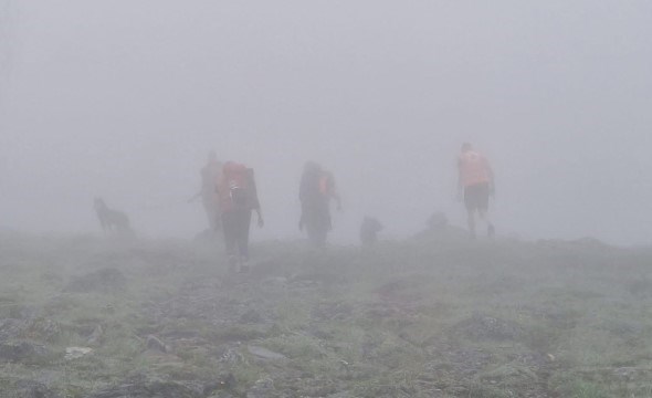 En gruppe frivillige går ute i tykk tåke og leter etter en savnet person.