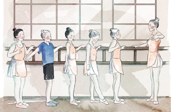 Tegning av jenter som er på ballettrening. En av jentene har på seg vanlige klær istedenfor ballettøy.