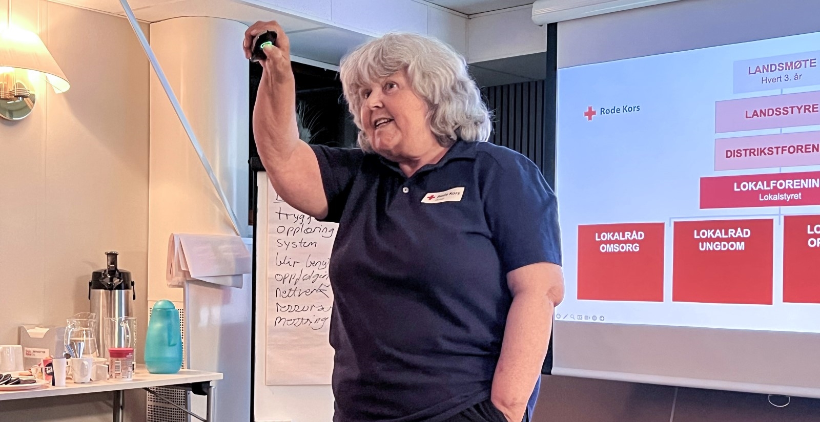 En Røde Kors-instruktør holder et engasjerende kurs for nye frivillige foran en presentasjon som viser organisasjonsstrukturen i Røde Kors.