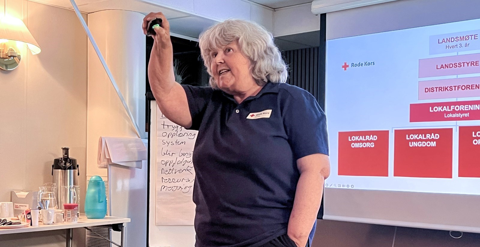 En Røde Kors-instruktør holder et engasjerende kurs for nye frivillige foran en presentasjon som viser organisasjonsstrukturen i Røde Kors.