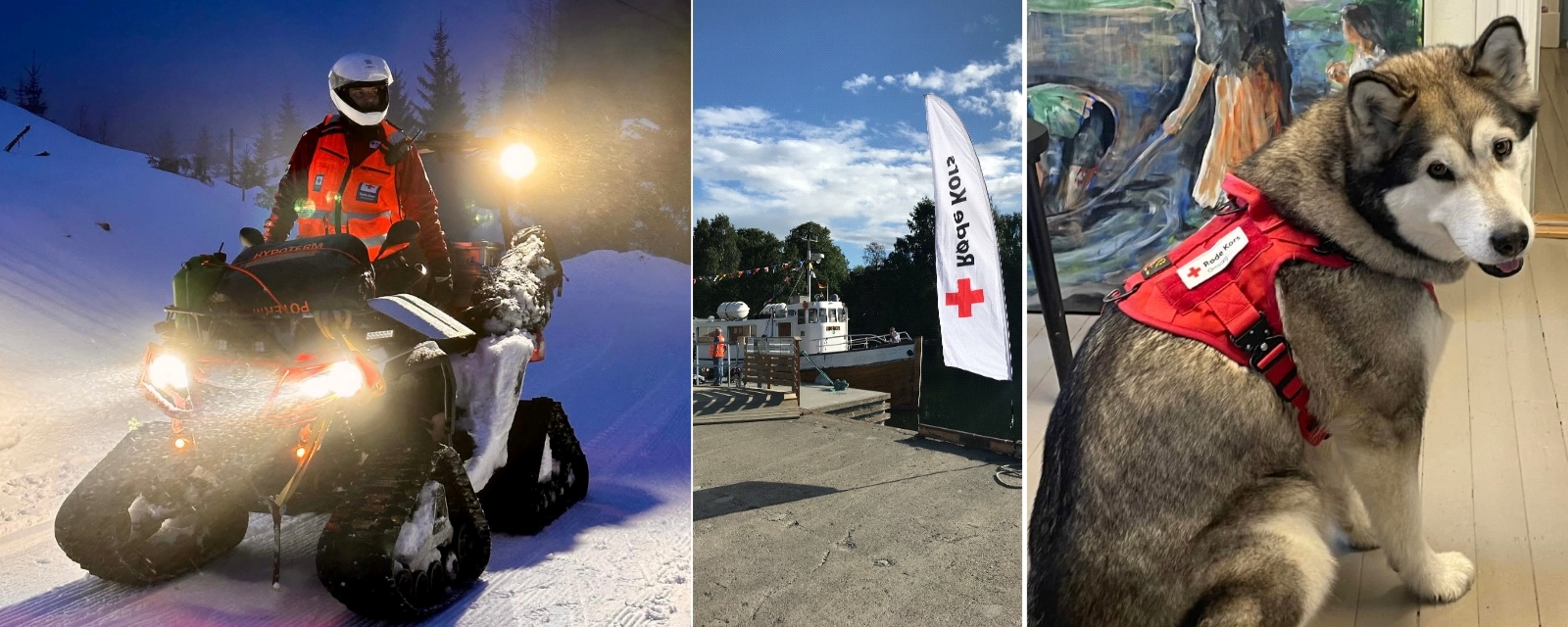 Et bilde satt sammen av tre andre bilder. Første bilde viser barn som sitter på en brygge ved vannet. Andre bilde er av en båt. Tredje bilde er av to voksne personer i Røde Kors heldrakt som står foran en av Røde Kors bil.