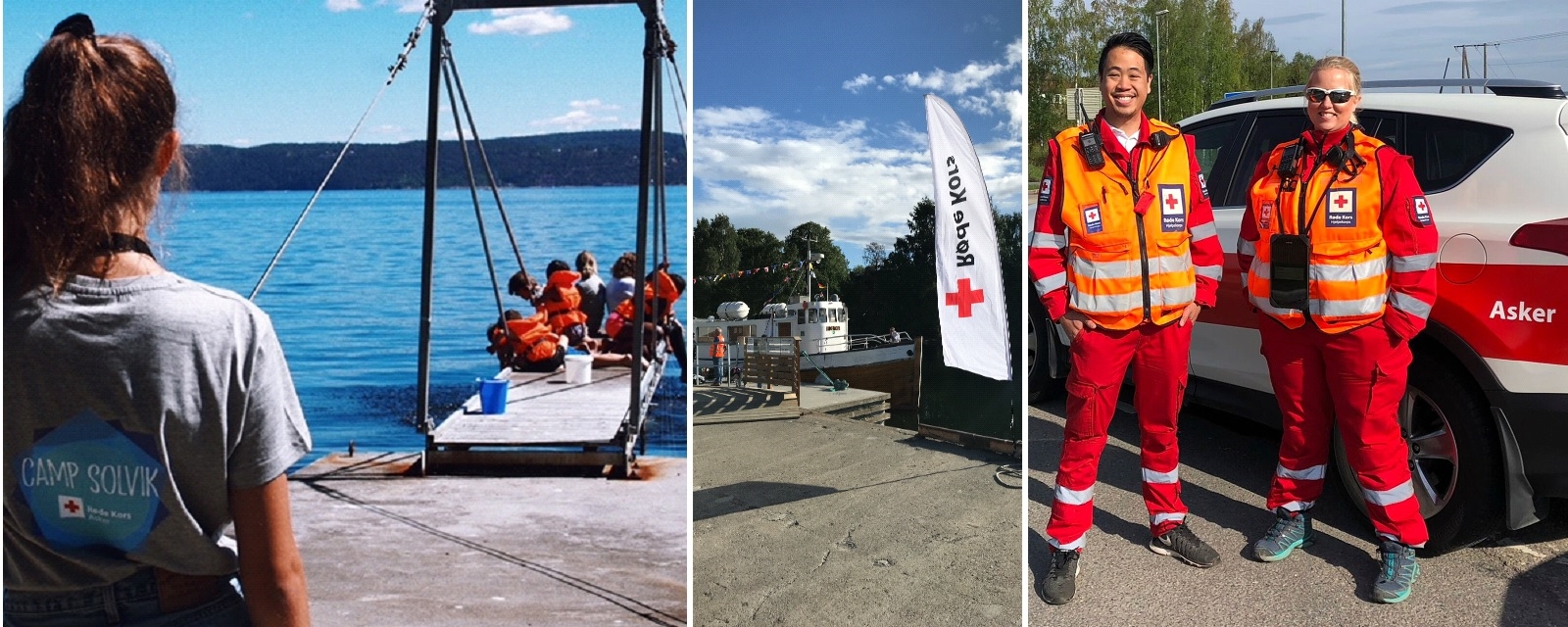 Et bilde satt sammen av tre andre bilder. Første bilde viser barn som sitter på en brygge ved vannet. Andre bilde er av en båt. Tredje bilde er av to voksne personer i Røde Kors heldrakt som står foran en av Røde Kors bil.