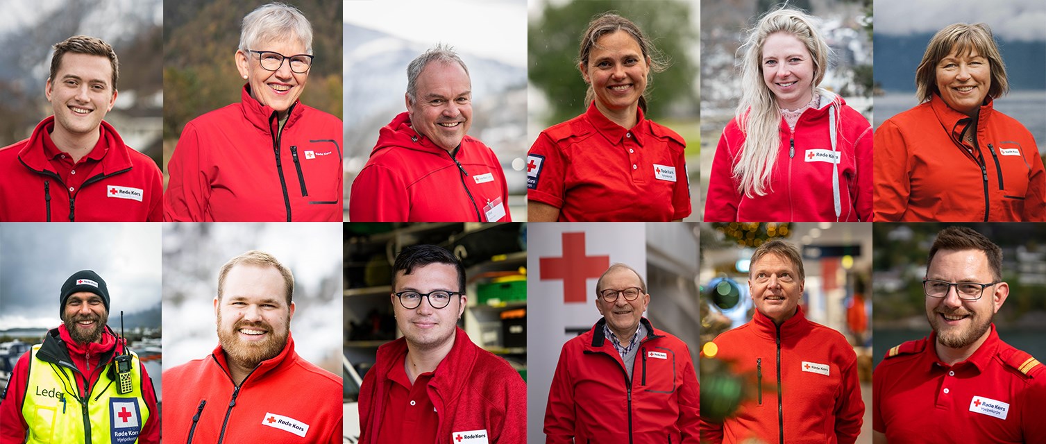 12 portrett av personar med Røde Kors klede