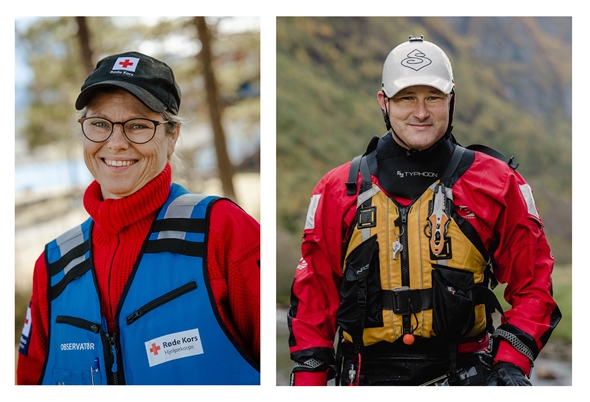 Kvinne i hjelpekorps-vest mann i elveredningsutstyr