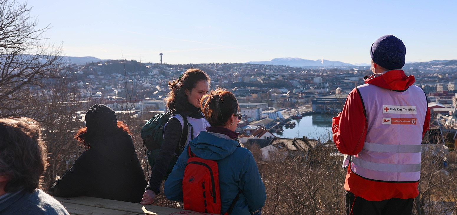 Turgruppa går på rekke i et grønt sommerlandskap.