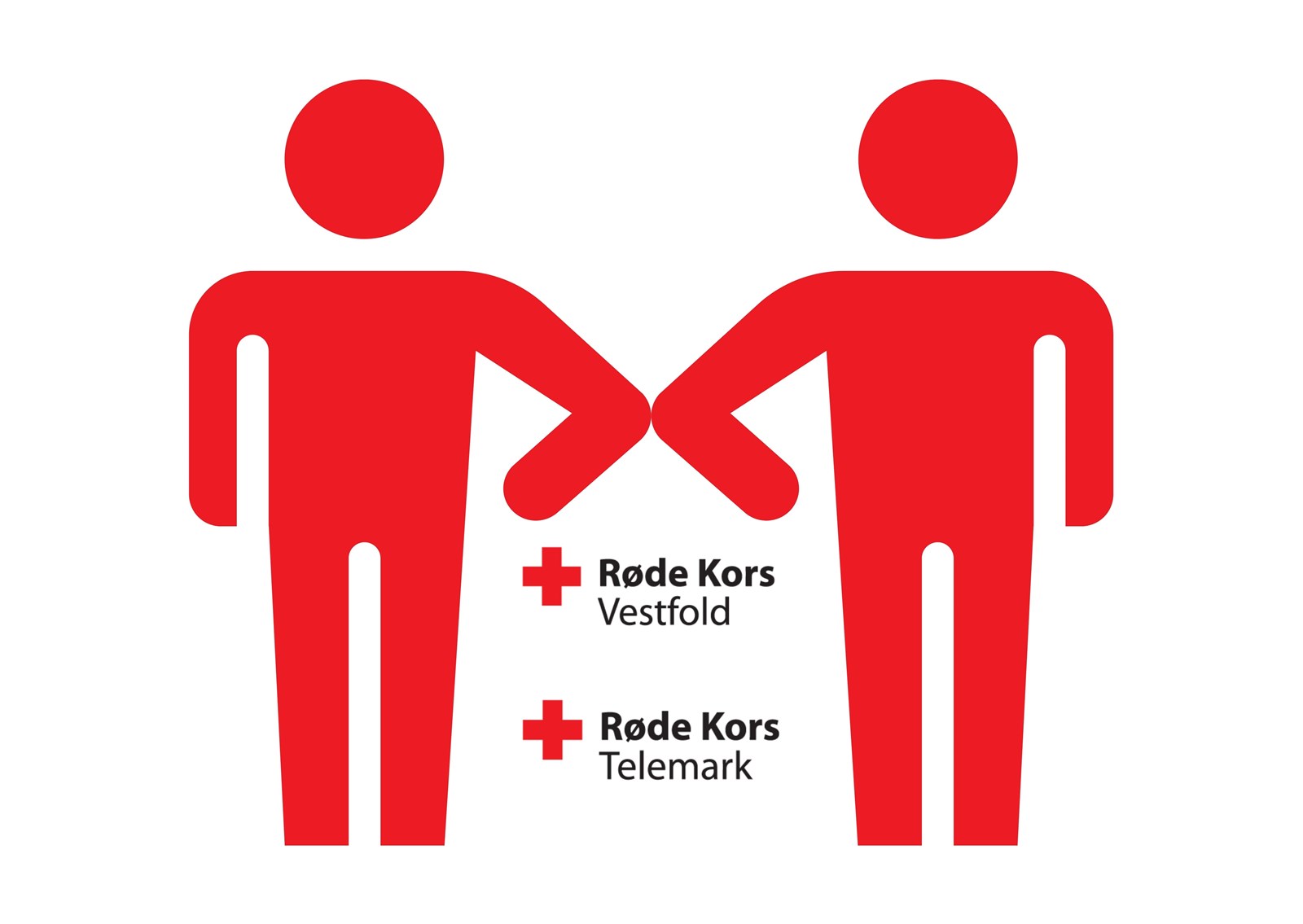 Illustrasjon der to røde figurer står albue mot albue. Telemark Røde Kors og Vestfold Røde Kors sin logo er synlig under. 