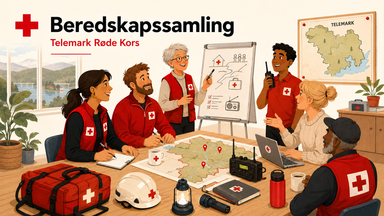Animert bilde av hjelpekorpere som sitter rundt et bord og planlegger oppdrag. ser på kart og plansjer