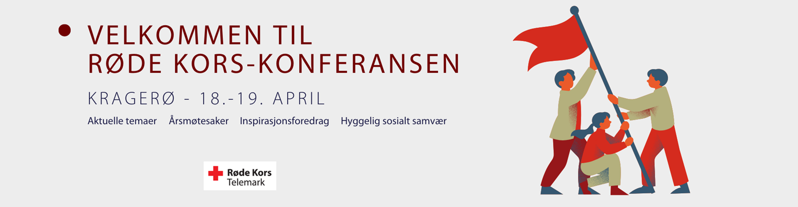 Invitasjon. På plakaten står det: Velkommen til Røde kors-konferanse. Kragerø 18.-19. april. Aktuelle temaer, årsmøtesaker, inspirasjonsforedra og hyggelig sosialt samvær