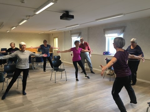 Bildet viser et knippe eldre som deltar på ei trimøkt. De følger instruksjonene til en instruktør.