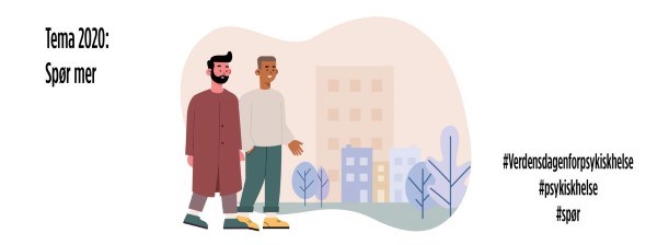 Bildet er en illustrasjon. Illustrasjonen viser to menn som går en tur sammen. De prater og smiler.