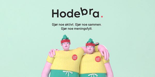 Plakat for Hodebra. To animerte figuerer smiler og holder rundt hverandre.