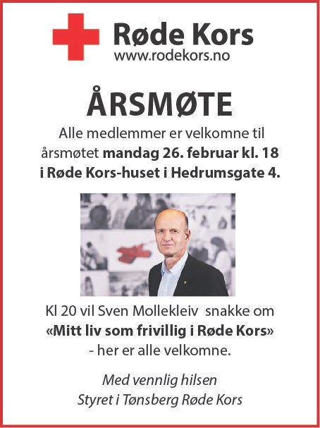 Invitasjon og informasjonsplakat om årsmøtet. Mollekleiv, presideten i Røde Kors, inviterer til årsmøtet med program i Tønsberg Røde Kors.