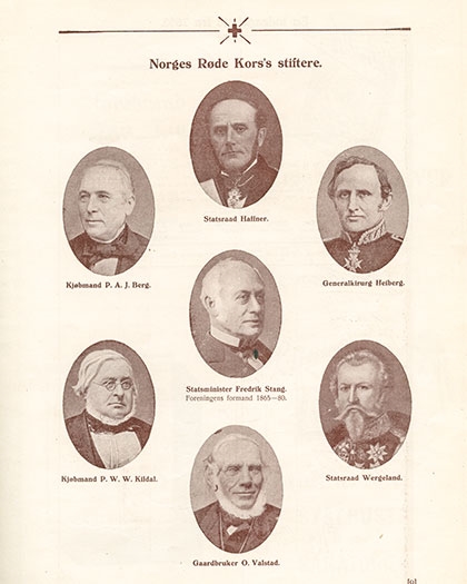 Founders of the Norwegian Red Cross shown in an old format with oval shapet blavk and white portraits.