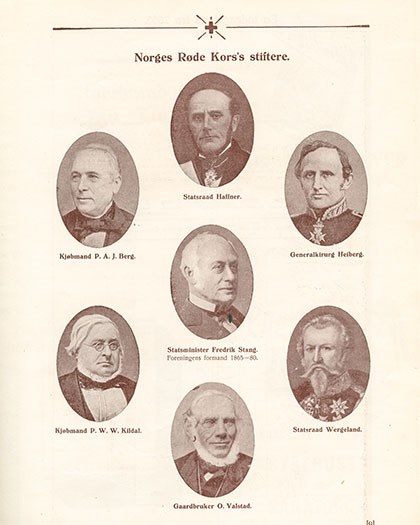 Founders of the Norwegian Red Cross shown in an old format with oval shapet blavk and white portraits.