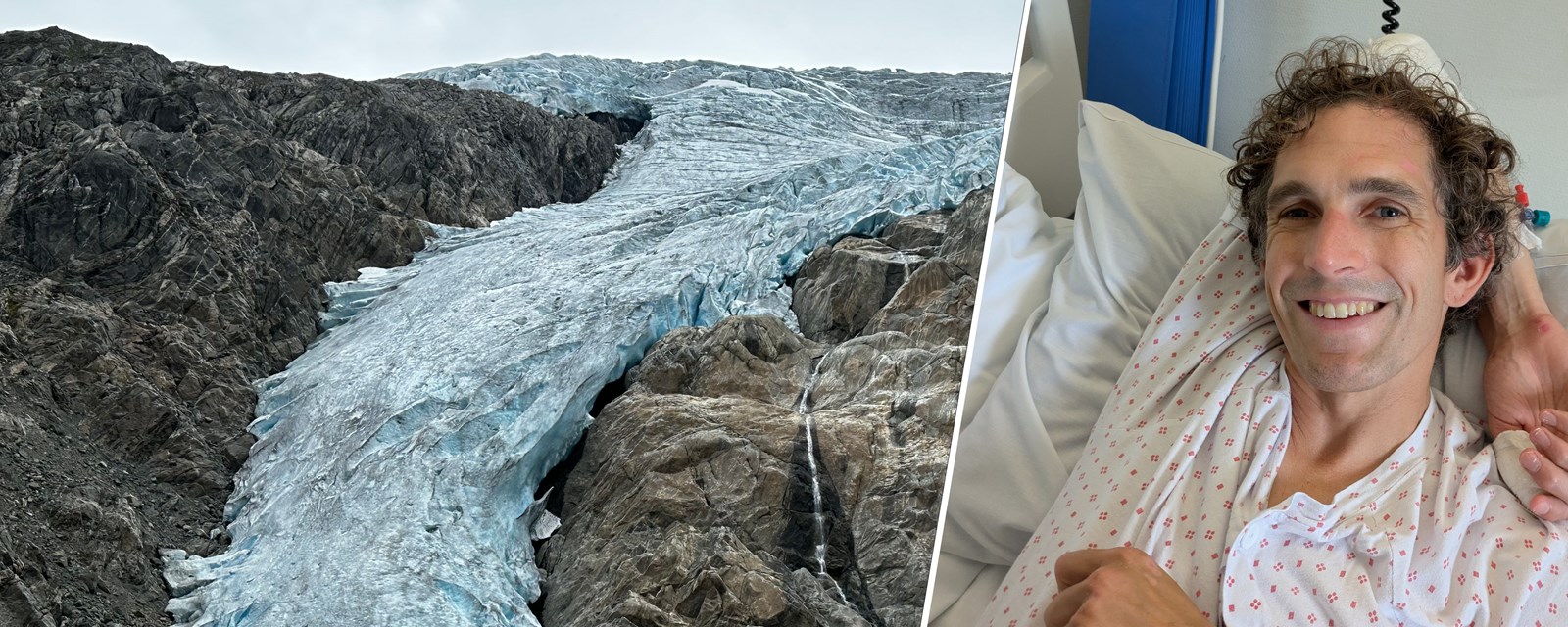 Bilde av en isbre og en mann som ble reddet av frivillige etter å ha blitt skadet på tur i området.