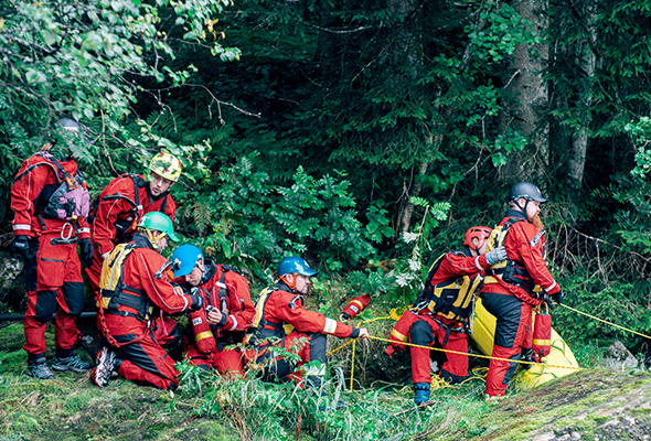 fere personer på rad, øvelse elveredning, skog, dag