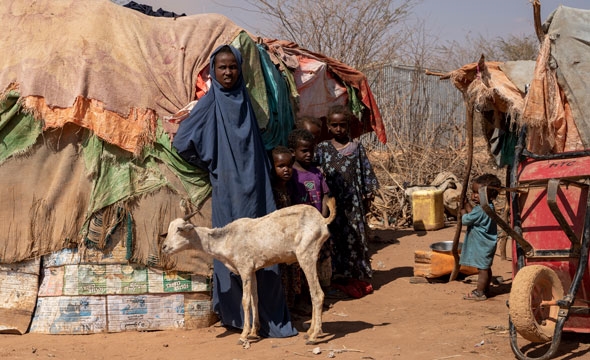 Barn og geit utenfor hytte