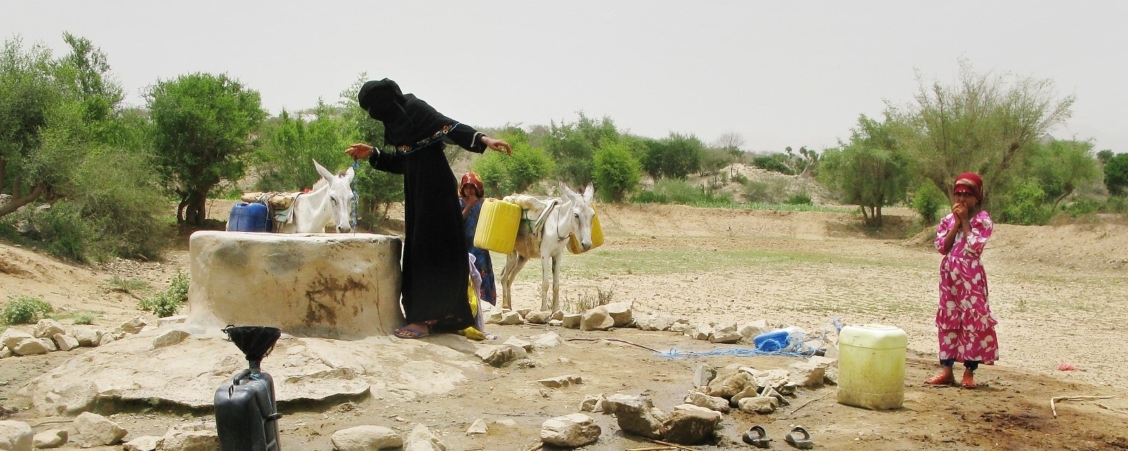 En kvinne står sammen med et esel ute på en slette. Eselet bærer vannkanner som hun håper å fylle med vann.