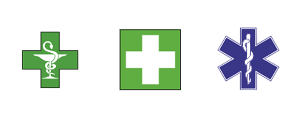 Symbolene for apotek, førstehjelp og ambulanse