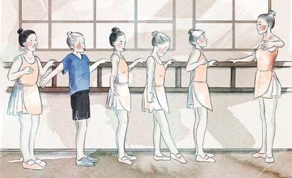 Tegning av barn på ballettrening, en av dem har på seg vanlige klær istedenfor ballettøy.