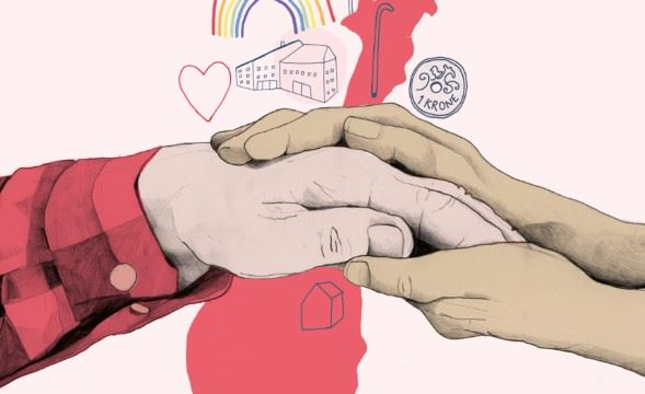 Tegning av to hender som holder hverandre med et norgeskart i bakgrunnen.