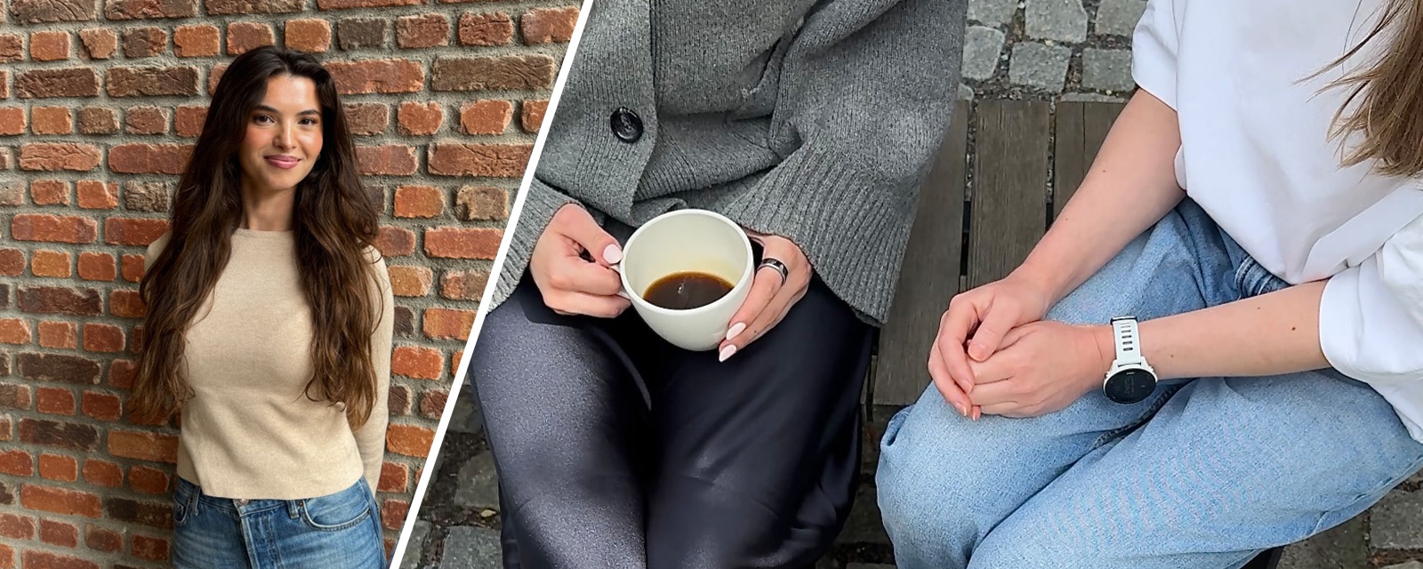 Ung jente og to personer som drikker kaffe medbesøkstjenesten