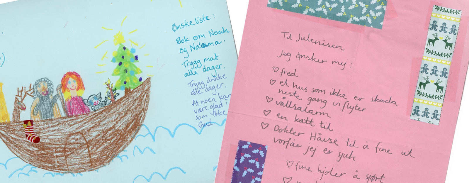Ønskelister laget av barn på fargerike ark.