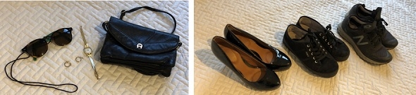 Klokke, øredobber, veske og sko