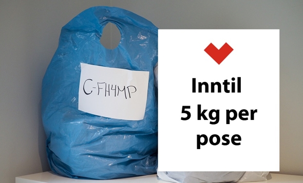 Pose og beskjed om at man kan fylle den med inntil 5 kg tøy