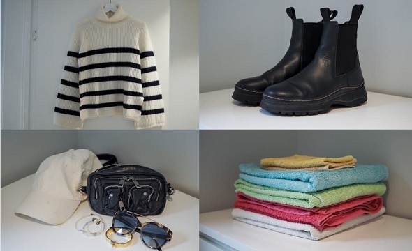 Klær, belte, tekstiler, sko