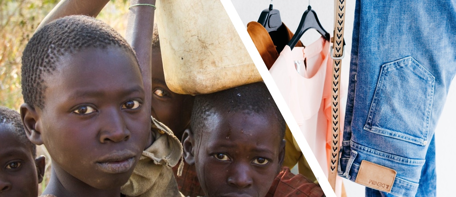 Barn med vannkanne på hodet og klesplagg