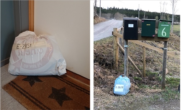 Pose med tøy satt på dørmatta og ved postkassa