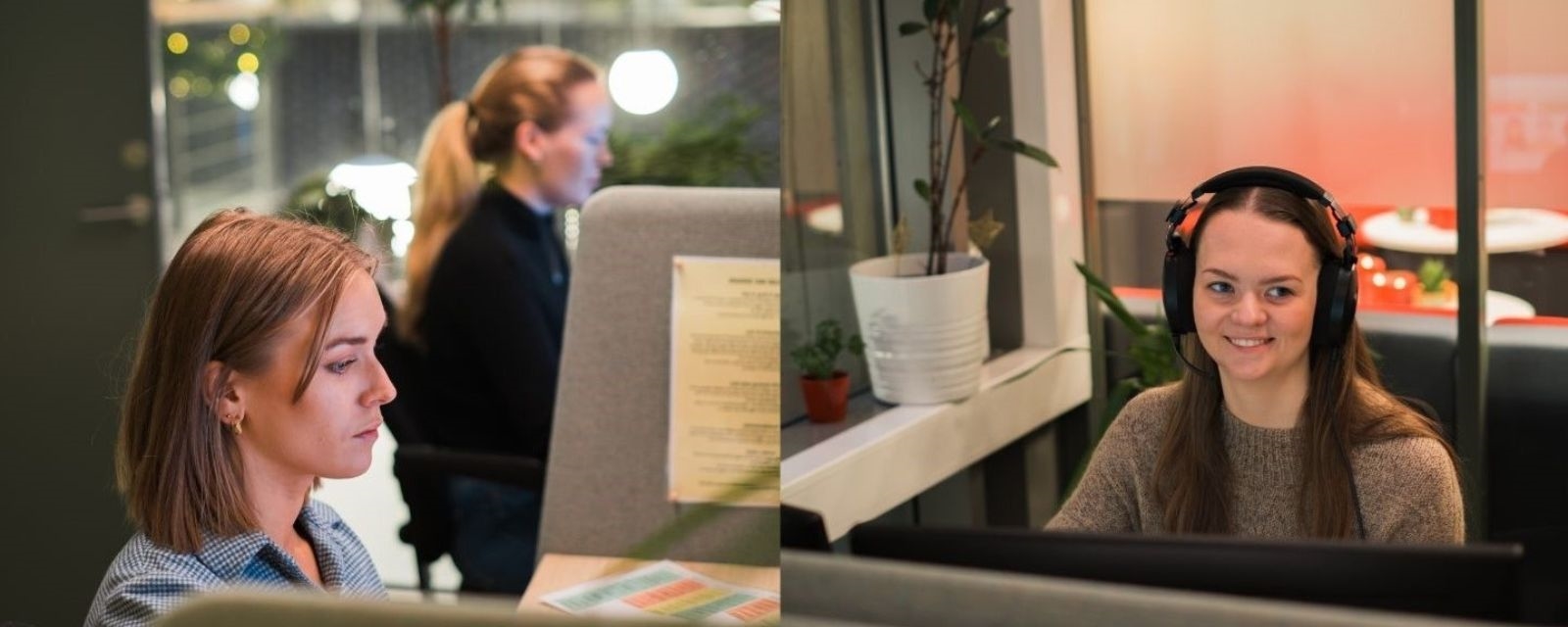 2 røde kors frivillige snakker med barn på telefon og skjerm i et vaktrom