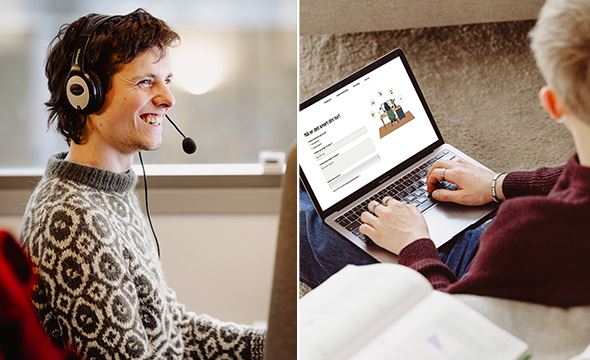 Tegning person foran pc med ikoner på veggen