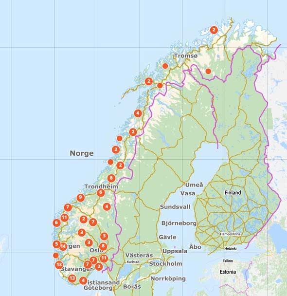 Norgeskart som viser hvor fartøy er plassert