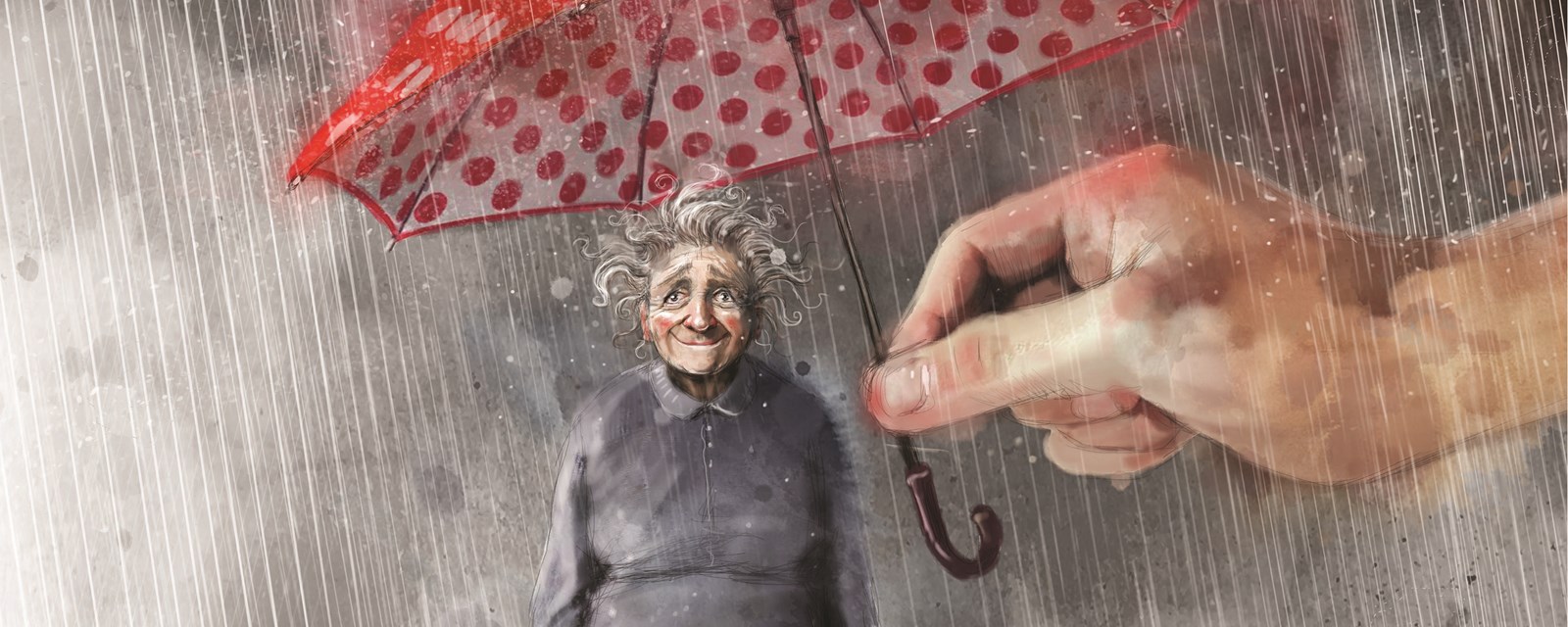 Tegning av en eldre kvinne med handleposer. 