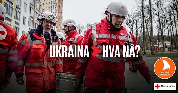 Røde Kors i Ukraina bærer en tank. Teksten på bildet sier Ukraina, hva nå?