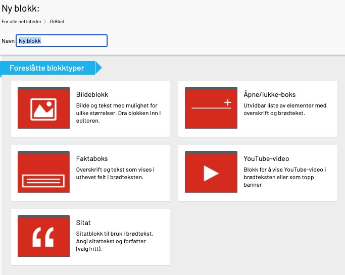 Skjermbilde som viser foreslåtte blokktyper